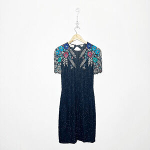 Vtg 80s LAWRENCE KAZAR Beaded silk mini dress floral black floral party XS